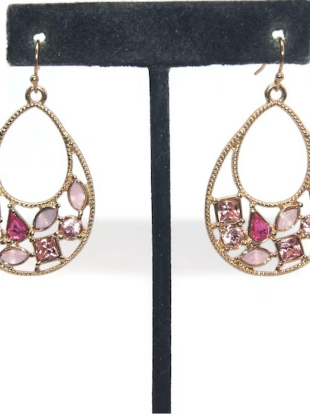 Gold Teardrop Earrings with Pink Gem Accents